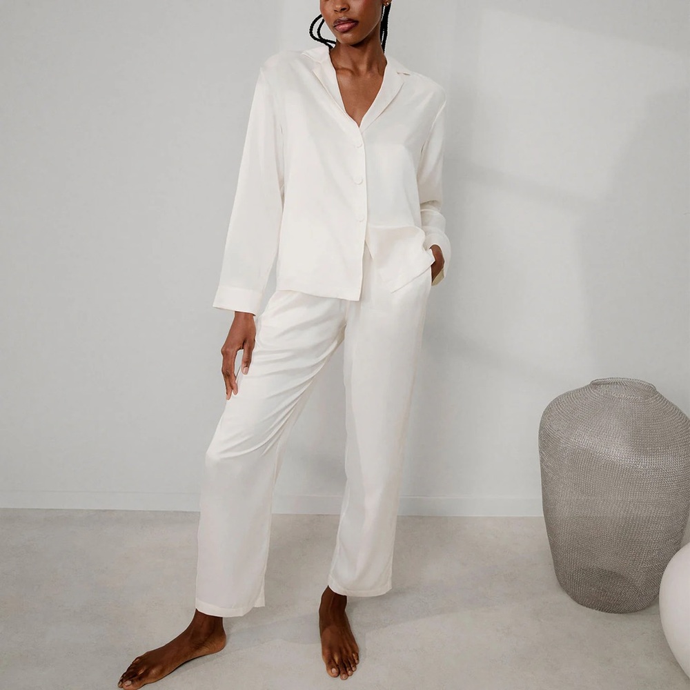Lunya ivory white Women's Pajama Set Washable Silk Long Sleeve Pant Set tranquil
